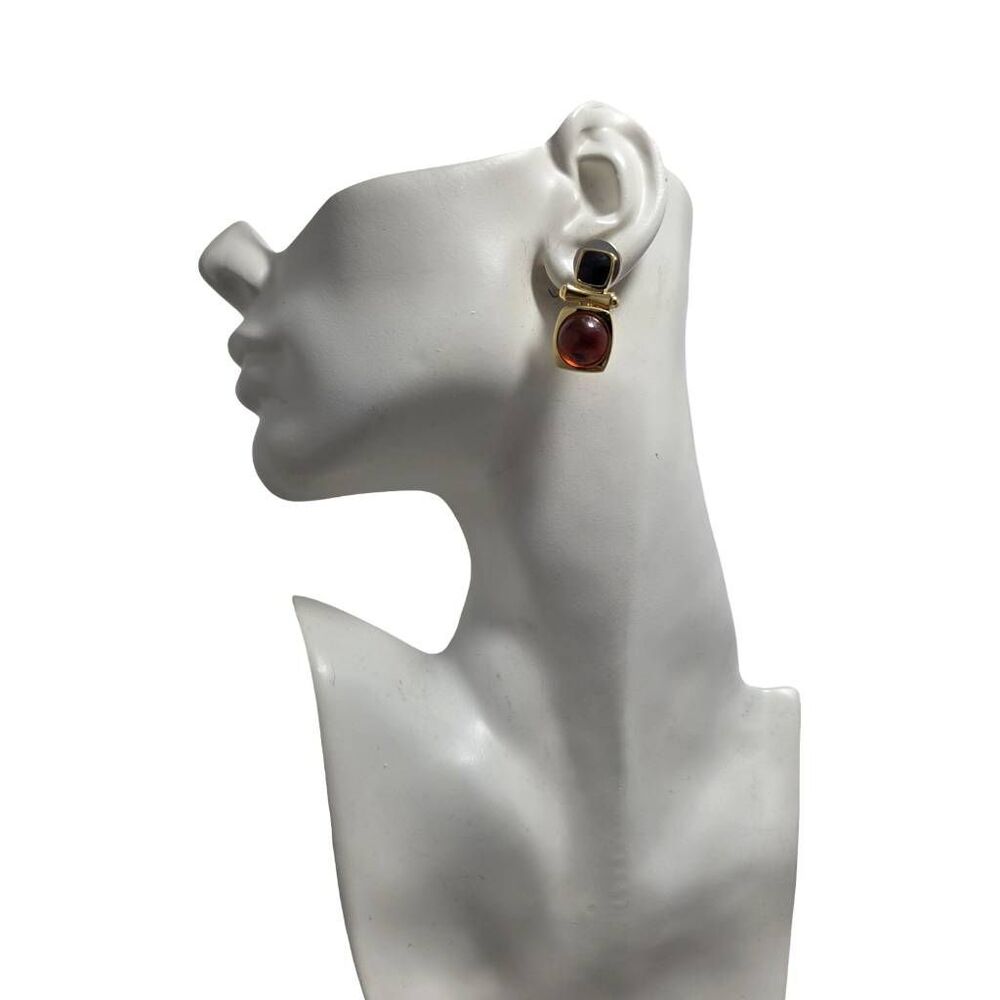Vintage Joan Rivers Amber Cabochon Black Enamel Clip-On Earrings